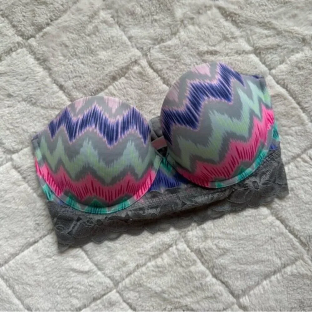 Victoria's Secret PINK | Gray & Rainbow Chevron Strapless Bustier | Size 34D
